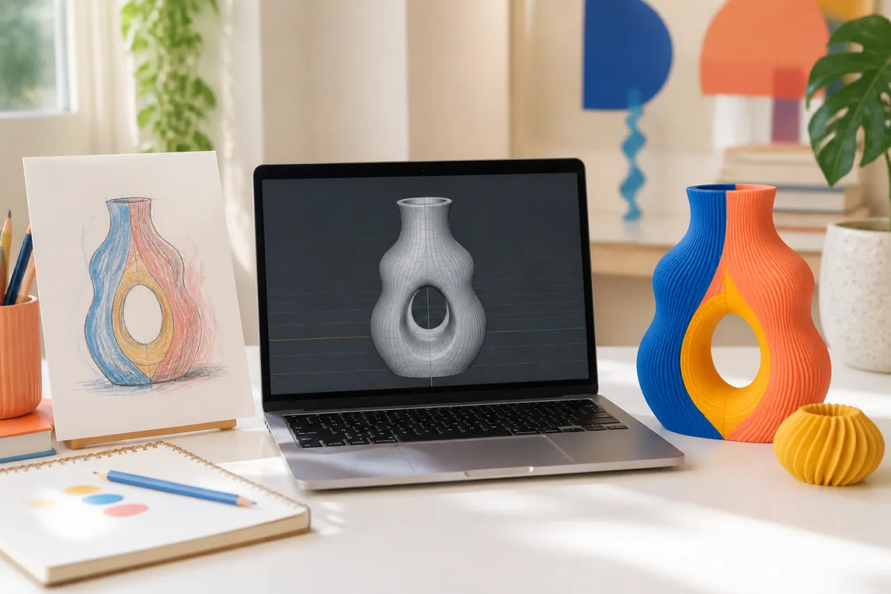 A sketch, 3D model on a laptop and finished colourful 3D printed vase
