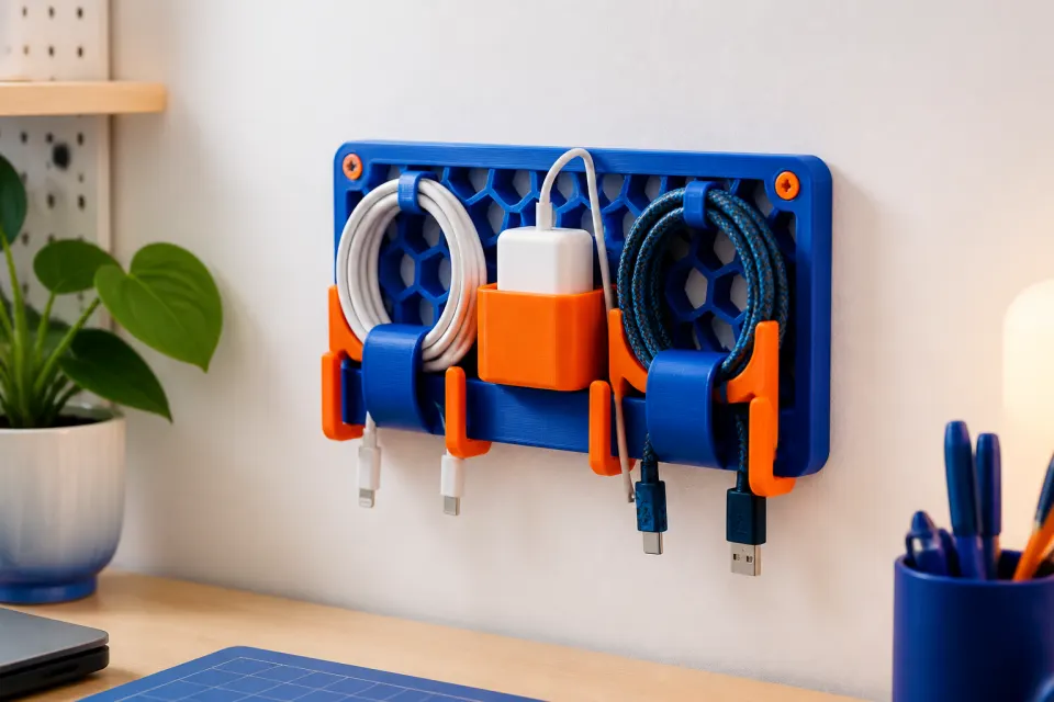 Illustrative colourful 3D printed cable organiser and wall mount