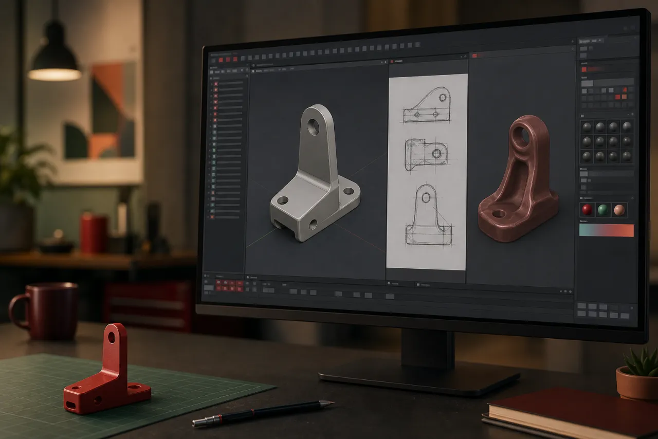 A functional part evolving from sketch to 3D model in a design workspace