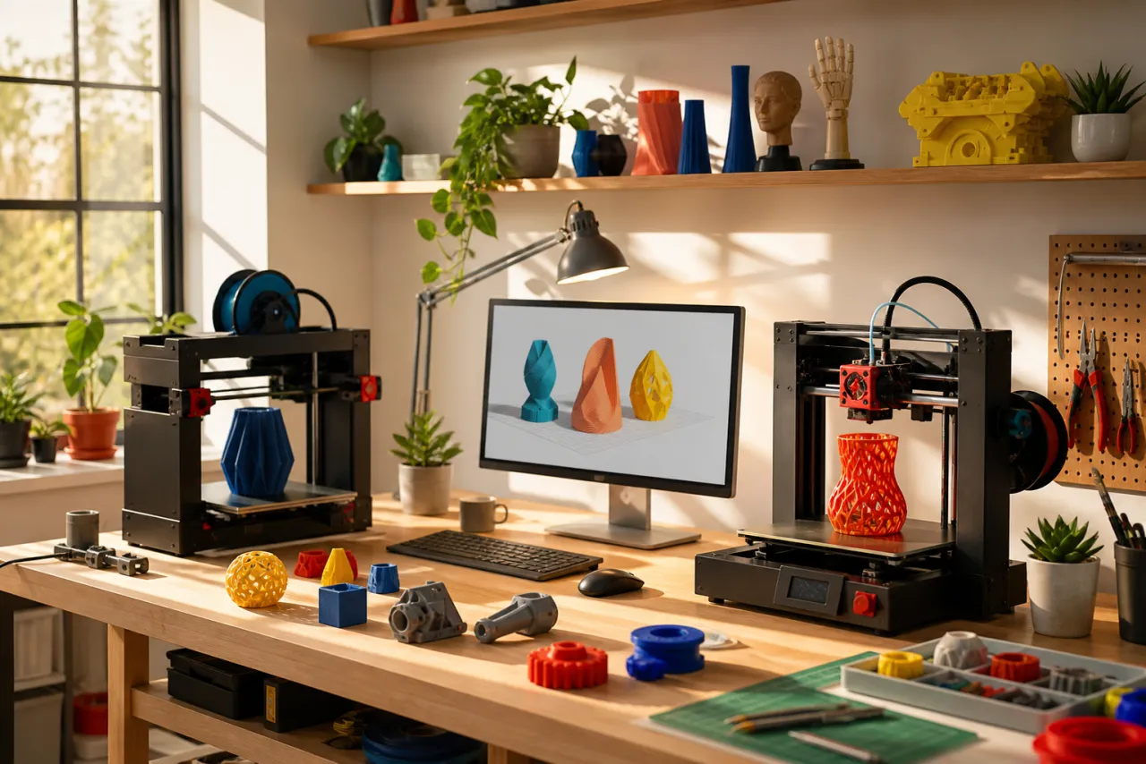 Bright 3D design and printing workshop with printers, models and design screen